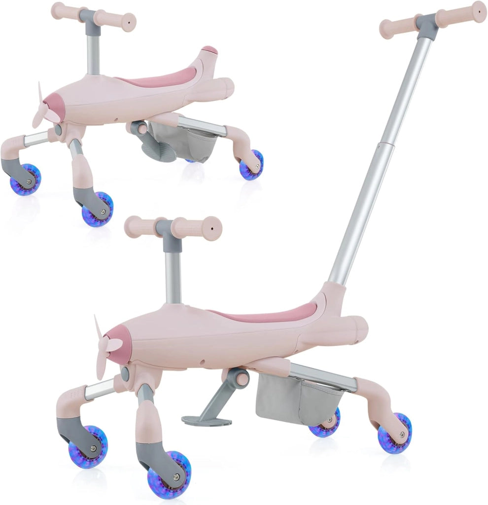 2 in 1 Auto a Spinta per Bambini, Giocattolo Scorrevole con Luci a LED Maniglia Rimovibile e Regolabile, Poggiapiedi Pieghevole e Cestino Portaoggetti, per Bambini 18-70 Mesi (Rosa)