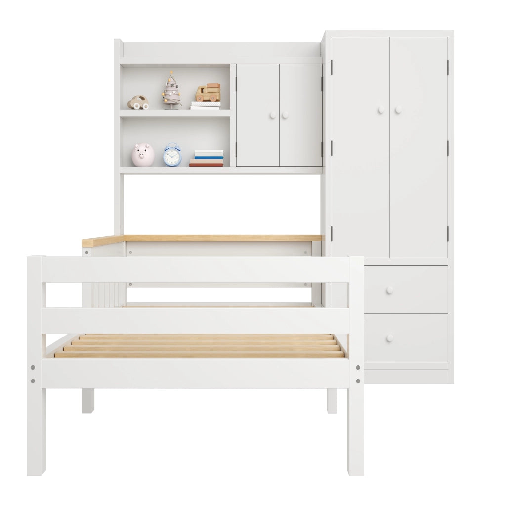 Letto per bambini 90 x 200 cm con armadio integrato e cassetti; legno e MDF bianco
