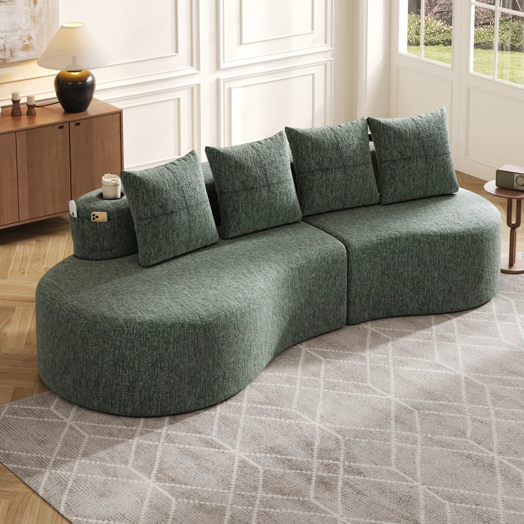Divano in lino con portabicchieri tasche laterali e 4 cuscini imbottitura in schiuma verde 240 × 109 × 63 cm