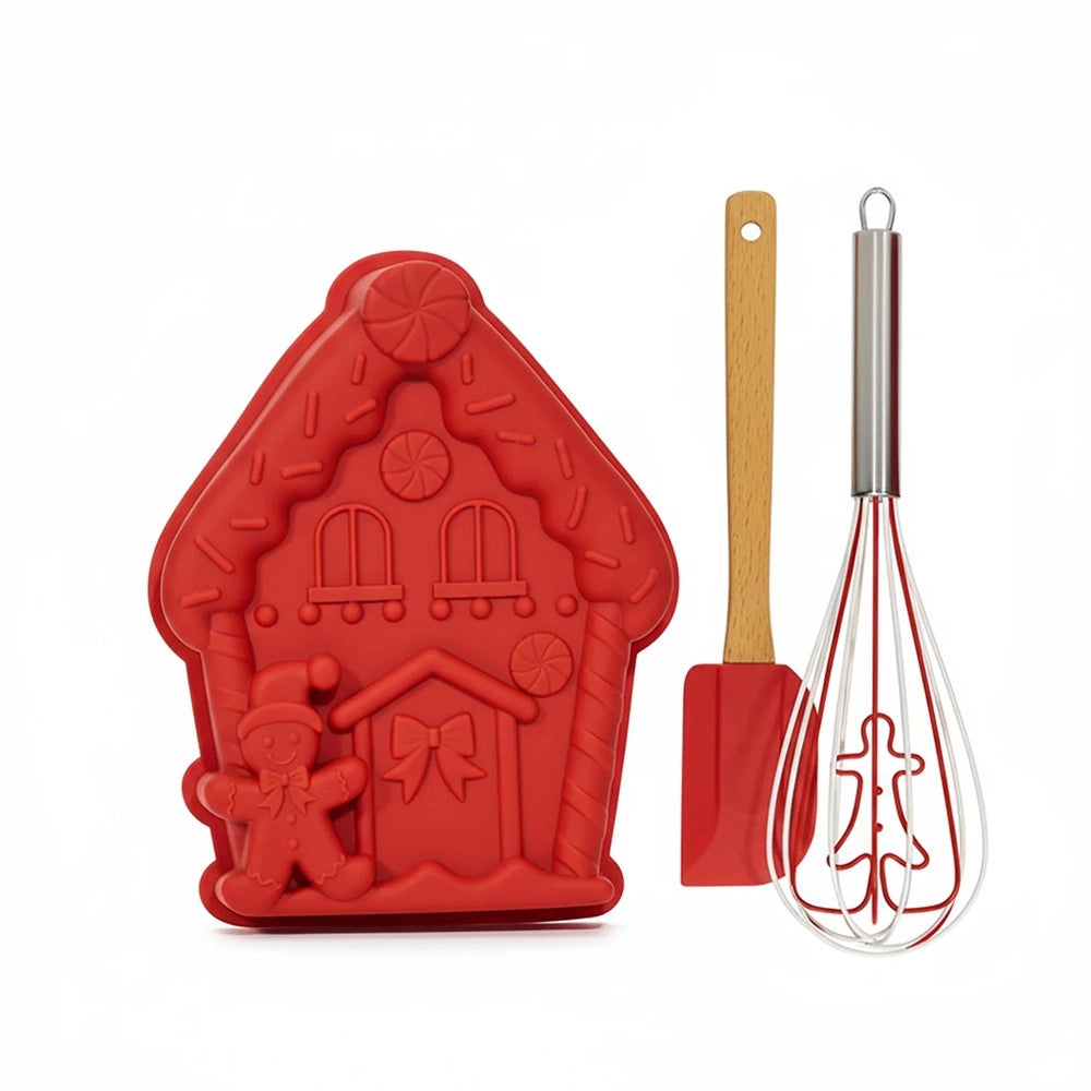 Trade Shop - Set Pasticceria Natalizio Da 3 Pezzi Con Stampo In Silicone Frusta In Acciaio Spatola -