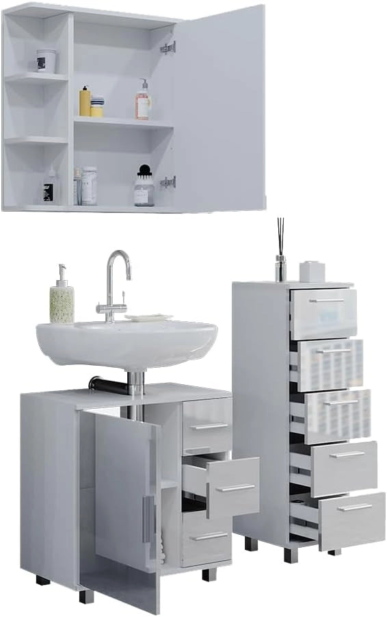 Set mobili bagno Ilias, Bianco lucido, 60 cm, composto da mobile sottolavabo, specchiera e mobile medio