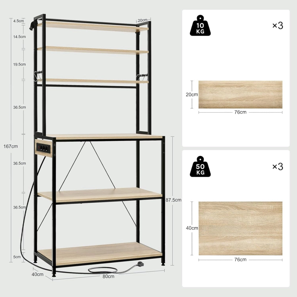 Scaffale da Cucina a 6 Livelli con Prese di Corrente, Scaffale per Microonde con Struttura in Metallo e Piano di Lavoro Aperto, Nero+Rovere Chiaro, 80x39,5x167cm