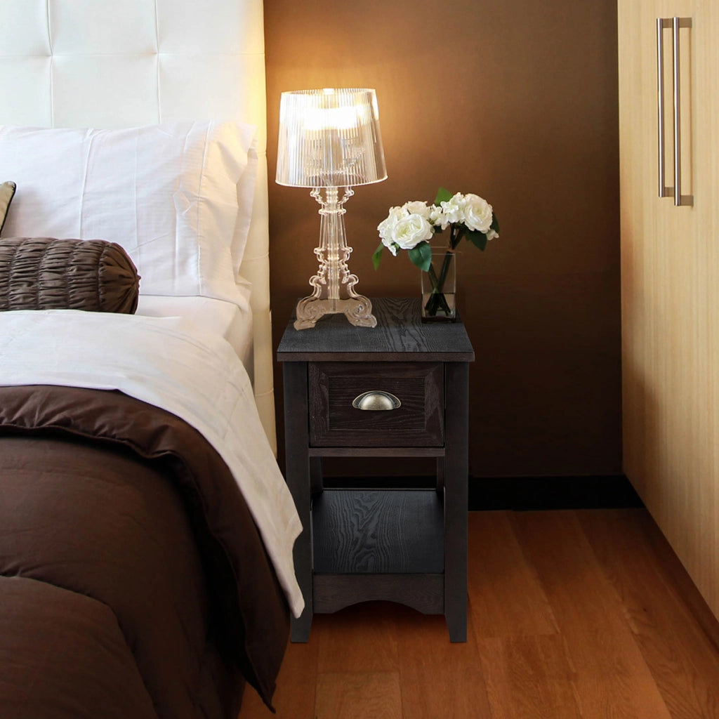 Set 2 tavolino da divano con 1 cassetto e 1 ripiano, Comodini rettangolari in legno massello da soggiorno Marrone scuro