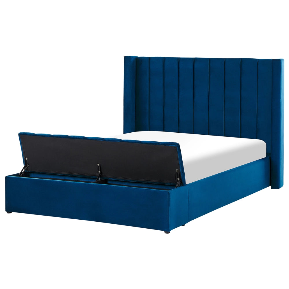 Letto matrimoniale ad acqua in velluto blu marino con cassapanca 140 x 200 cm moderno glam morbido materasso camera da letto