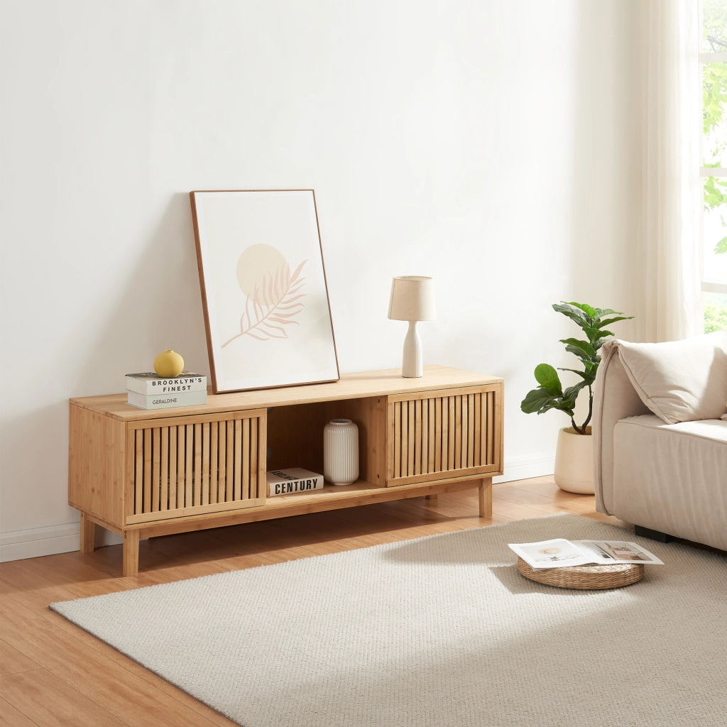 Mobile TV Ypäjä con Ante Scorrevoli 150x42x50 cm Bambù Naturale [en.casa]