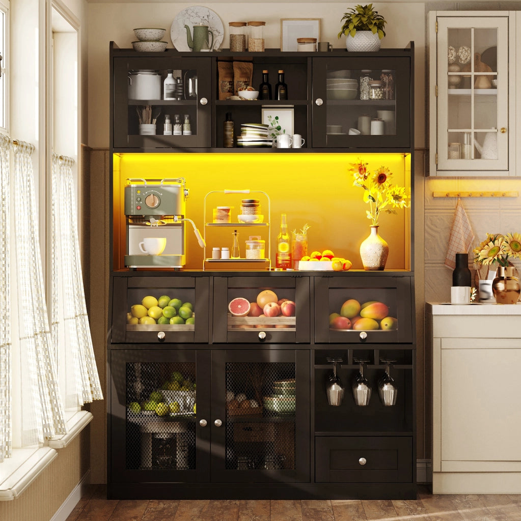 Credenza da cucina nera con LED, USB e ante in vetro