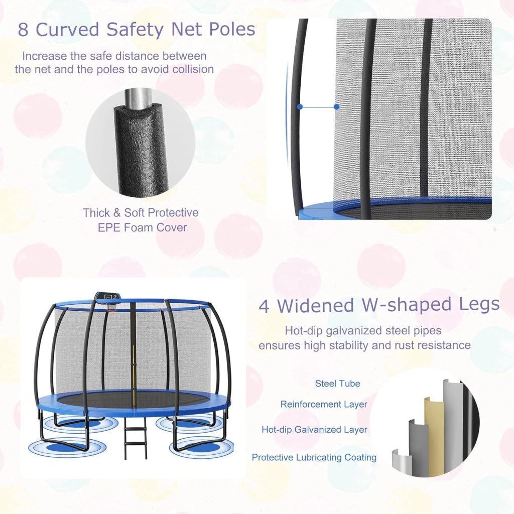 Trampolino da giardino rotondo con rete di sicurezza e copertura per bordi per bambini e adulti, blu + nero
