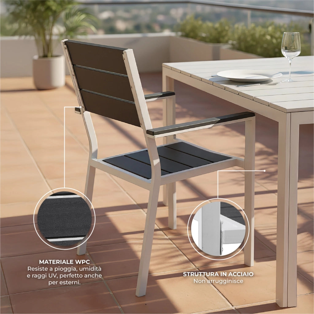 Set Tavolo da Giardino con 6 Sedie in Acciaio e Piano HDPE Effetto Teak, Tavolo Esterno Rettangolare Moderno Resistente alle Intemperie, Arredo Outdoor Terrazzo Balcone Grigioscuro