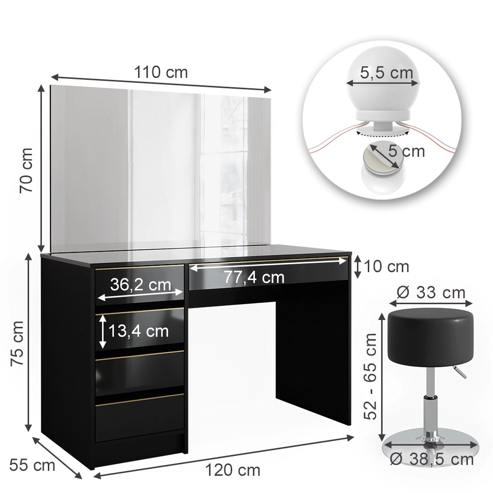 Vicco Tavolino da toilette Nero/oro 120 cm con illuminazione a LED e sgabello