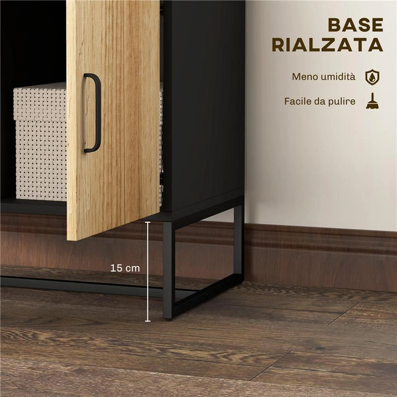 CREDENZA MODERNA CON 3 ARMADIETTI E 2 CASSETTI IN TRUCIOLATO E ACCIAIO 80X35X88 CM NERO E COLOR LEGNO