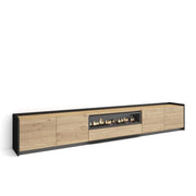 Mobile TV Soggiorno, 310x50x37 cm, Per TV fino a 80", Camino elettrico, LED, Rovere e nero