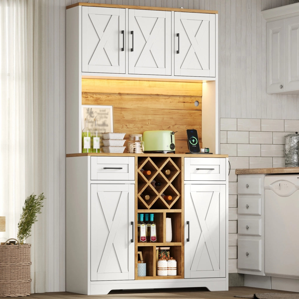 Credenza alta con 2 cassetti e LED - per cucina - 105×40×180 cm - naturale e bianco