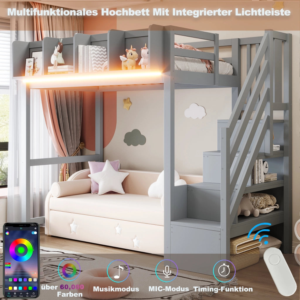 Letto a soppalco 90 × 200 cm con barriera di sicurezza, ripiani e LED, senza materasso, in legno grigio