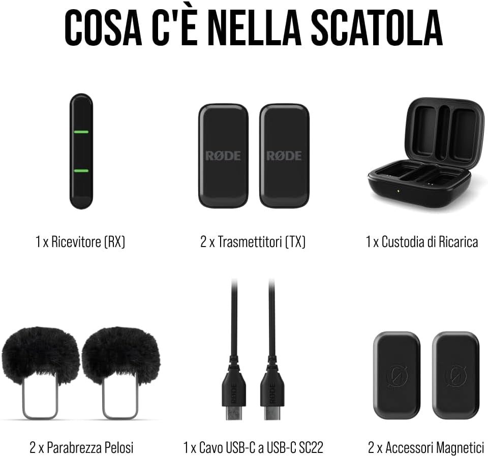 RØDE Wireless Micro - Microfono wireless compatto, due microfoni con custodia di ricarica per la creazione di contenuti per smartphone - Lightning, nero