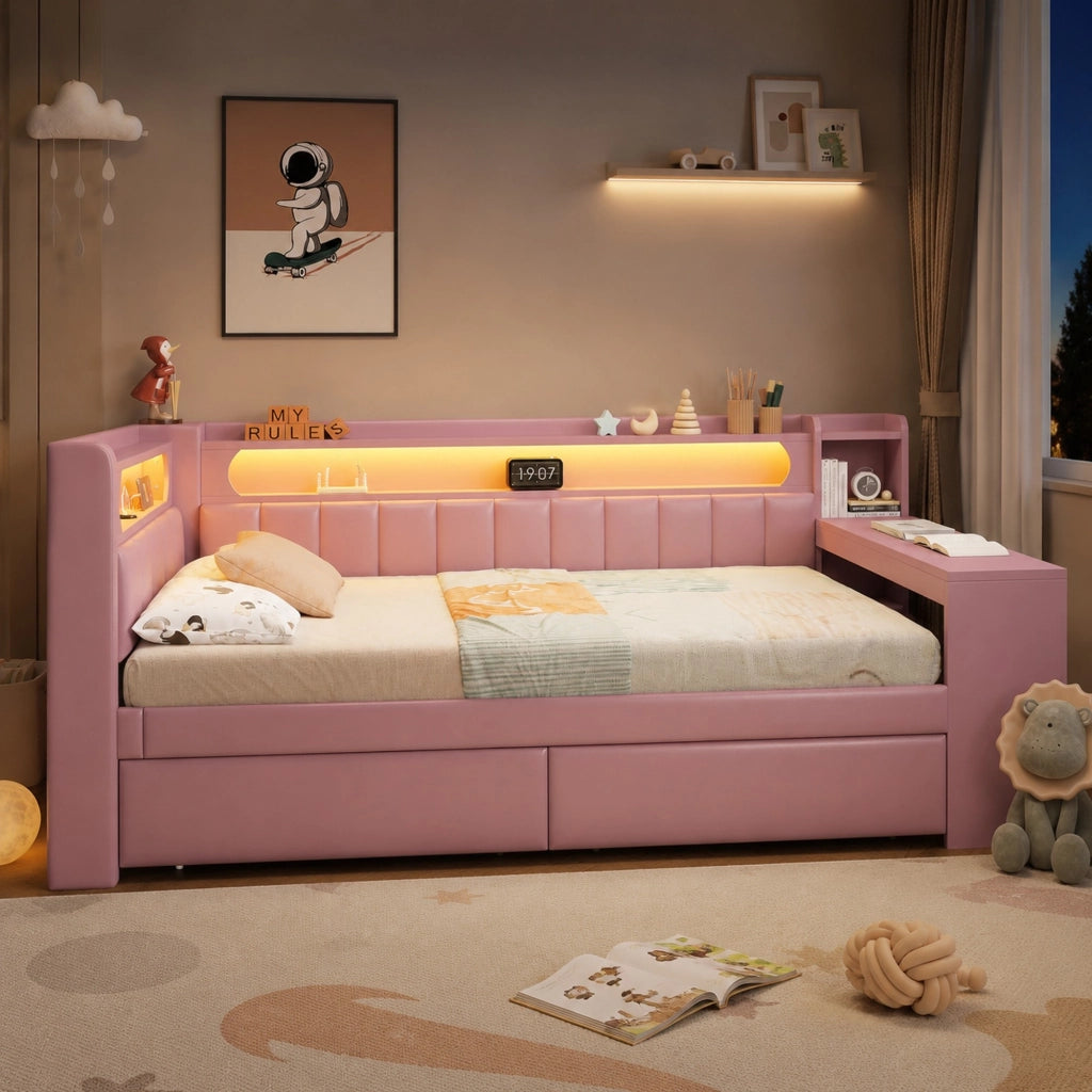 DESMIU Letto daybed 90 × 200 cm 1 posto con scrivania, 2 cassetti, USB e LED, senza materasso, rosa