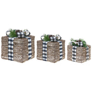 Set di 3 decorazioni natalizie in rattan con luci LED bianche calde e fiocchi Decorazioni natalizie per interni Marrone