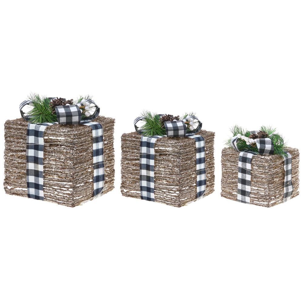 Set di 3 decorazioni natalizie in rattan con luci LED bianche calde e fiocchi Decorazioni natalizie per interni Marrone