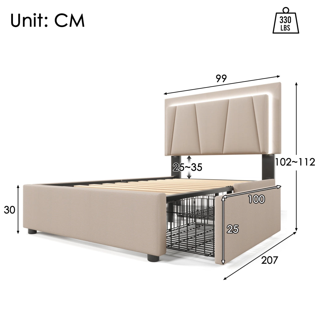 Letto singolo imbottito 90x200 cm con LED; 2 cassetti e testiera regolabile; beige