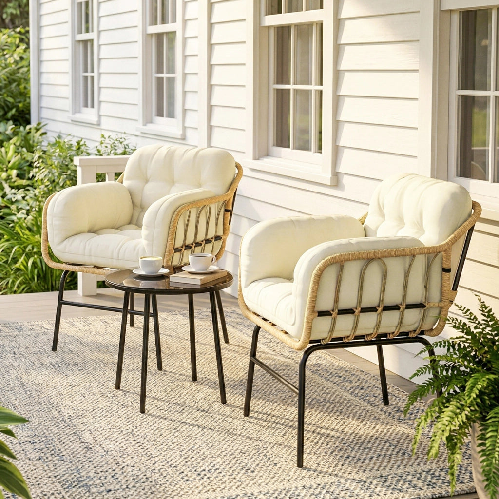 Set da giardino 3 pezzi in rattan ¨C zephmum ¨C verde kaki, tavolo in vetro temperato, cuscini, 62x73x79cm