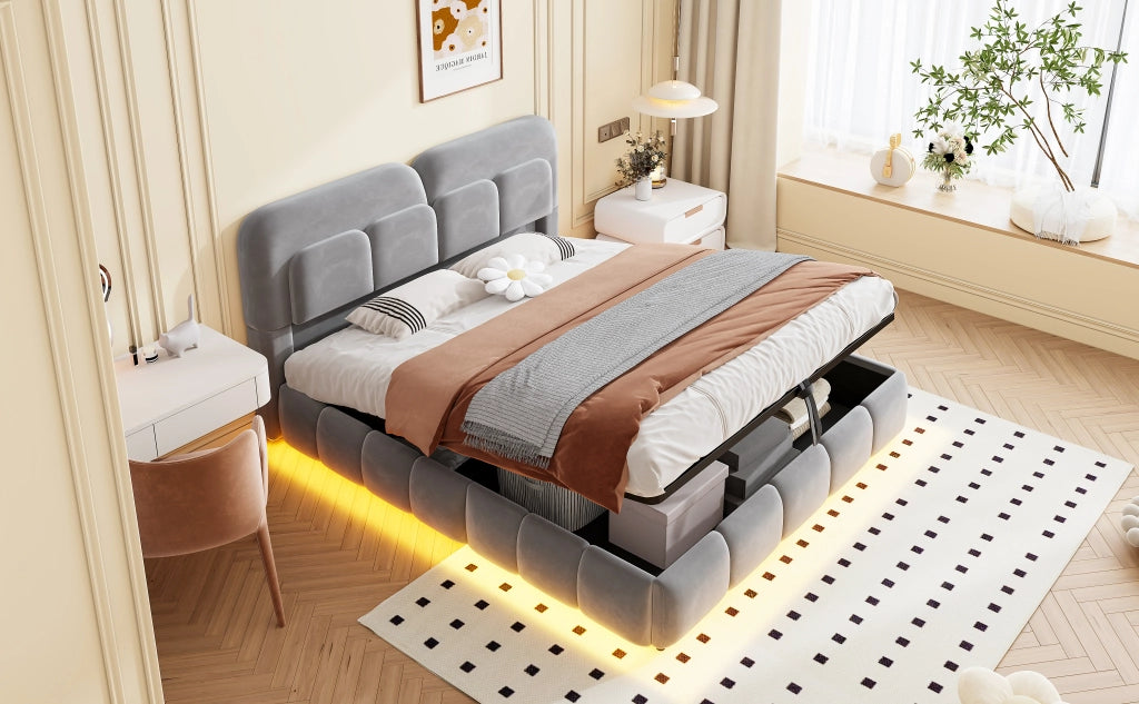 DESMIU Letto contenitore matrimoniale 140 × 200 cm con vano idraulico e LED, senza materasso, velluto grigio