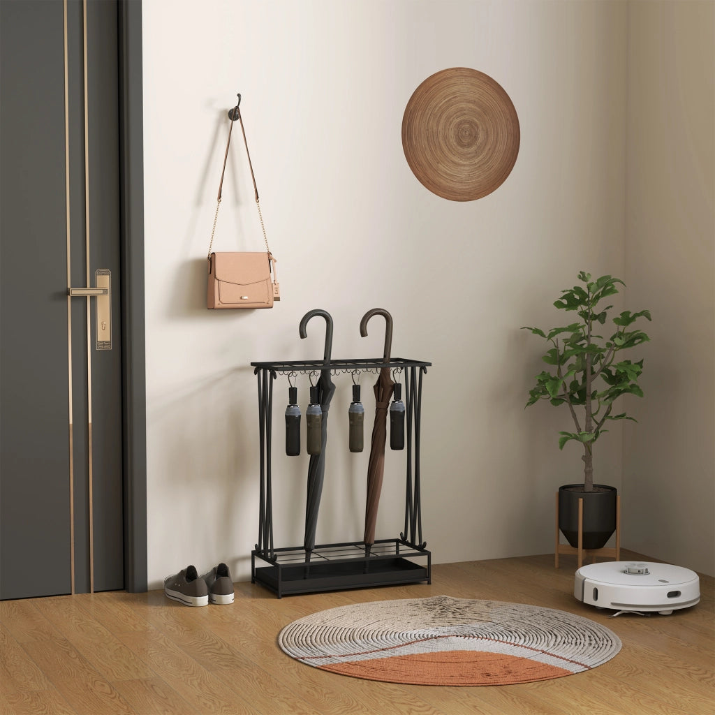 Portaombrelli rettangolare in acciaio nero con vaschetta raccogligocce, 21 alloggi e 24 ganci, 50x24x68 cm
