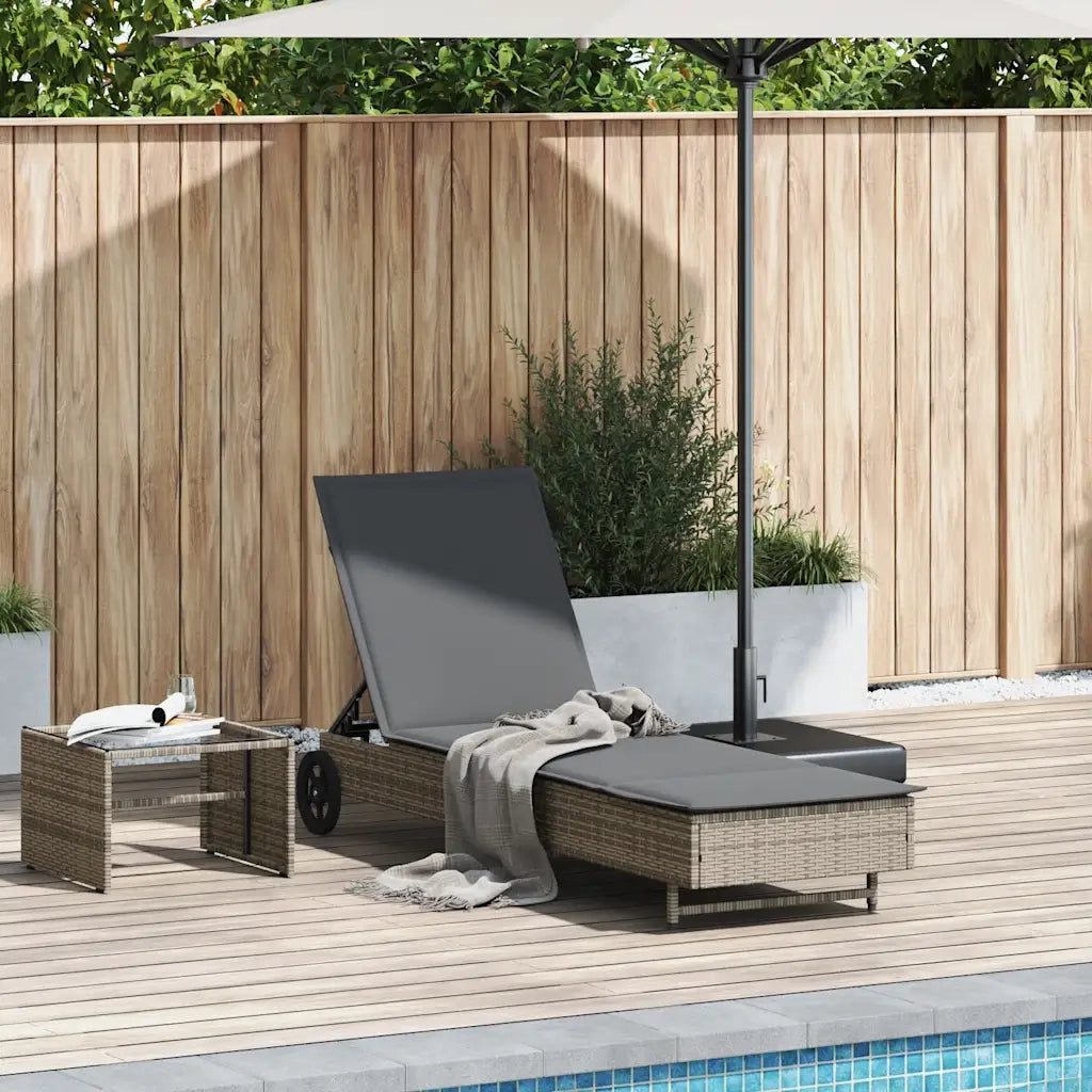Lettino Prendisole | Sdraio da giardino | Lettino da sole con Ruote e Cuscino in Polyrattan Grigio