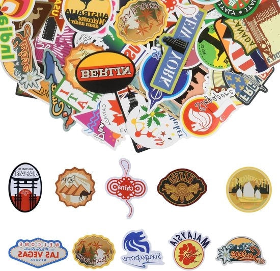 Sticker di orientamento per viaggiatori - 100 pezzi, punti di riferimento per città e famose attrazioni, adesivi graffitati impermeabili per bagaglio, laptop, telefono, chitarra e bicicletta
