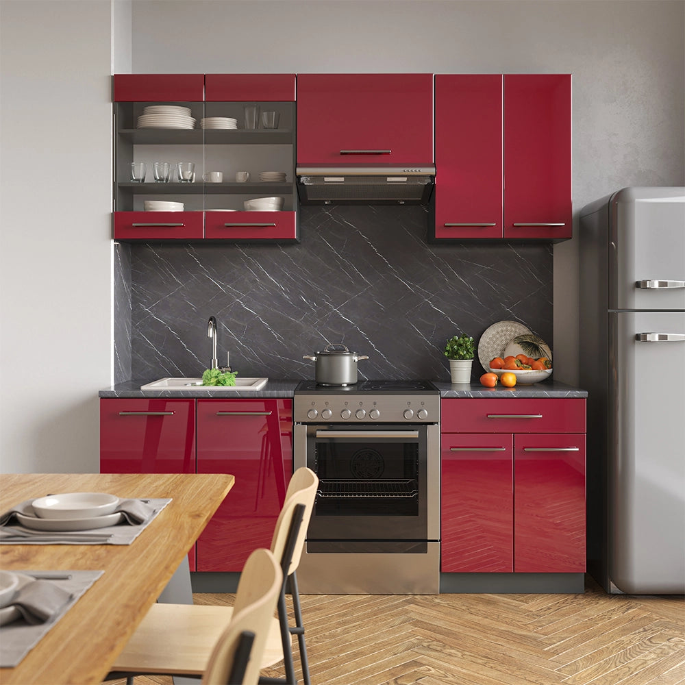 Cucina componibile Fame-Line Bordeaux lucido/Antracite 200 cm, PL Marmo Vicco