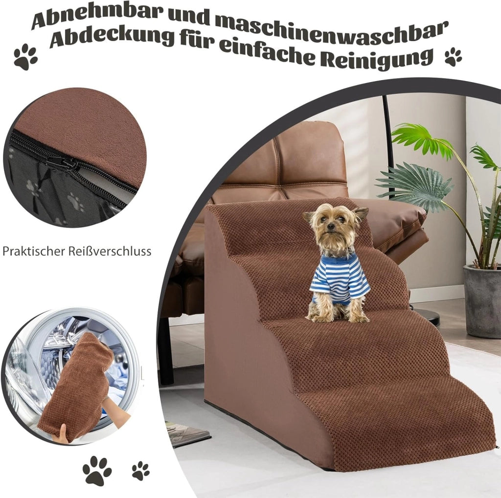 Scaletta per Cani a 4 Gradini in Spugna, Rampa per Animali Copertura Rimovibile e Lavabile Antiscivolo con Spazzola, Scala per Divano e Letto, per Cuccioli e Anziani, 72 x 41 x 51 cm (Marrone)