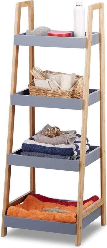 Scaffale per bagno a 4 livelli in bambù 98 x 36 x 345 cm - armadio per bagno in legno a stantuffo - grigio