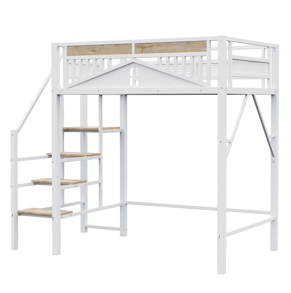 Letto a soppalco 140x200 cm con scala di sicurezza e spazio sotto il letto in metallo e legno bianco