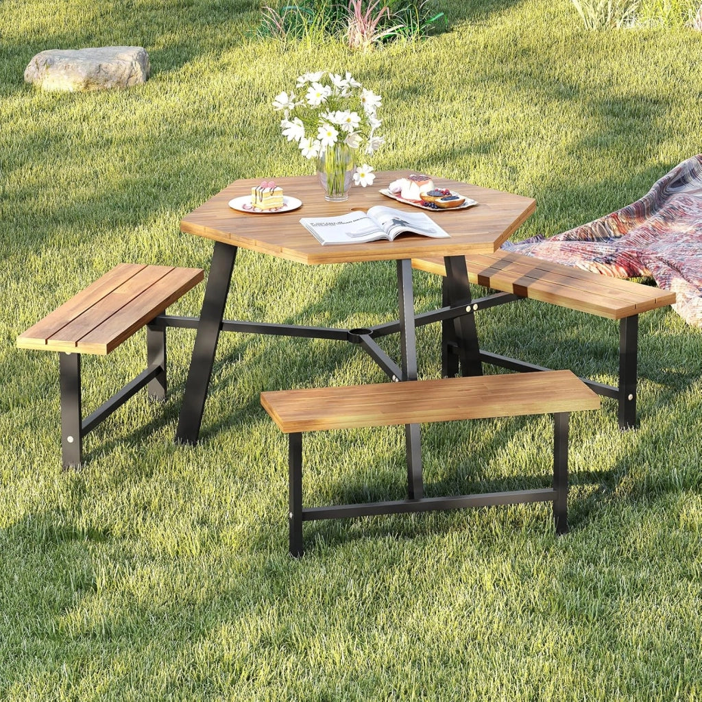 Set di mobili per 6 persone, set da picnic in legno di acacia con foro per ombrellone, set da tavolo e 3 panche per giardino, terrazza, 191 x 165 x 70 cm