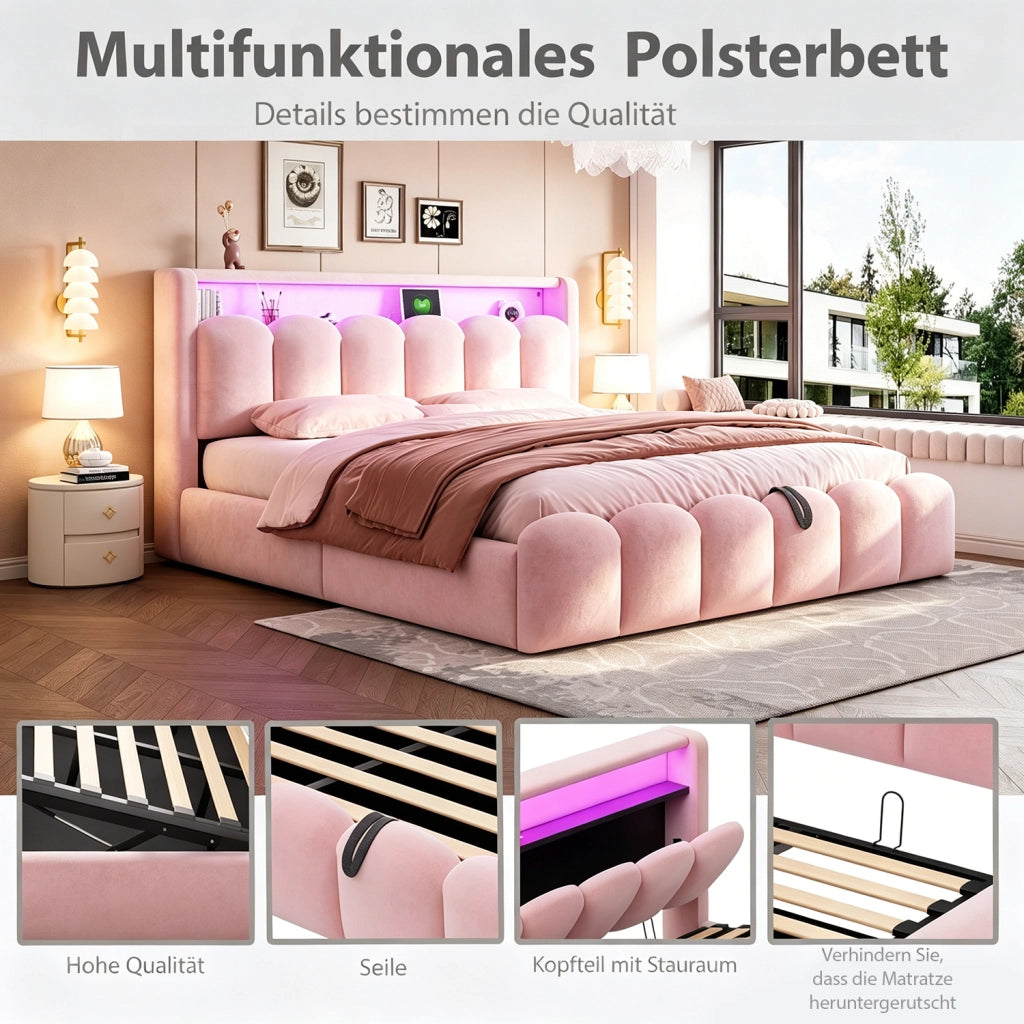 Letto matrimoniale contenitore 180x200 cm con testiera a petalo; LED; USB e USB-C; imbottito in velluto rosa