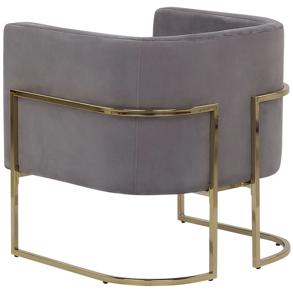 Poltrona Velluto Grigio Struttura In Metallo Dorato Con Schienale Tondo Stile Glam