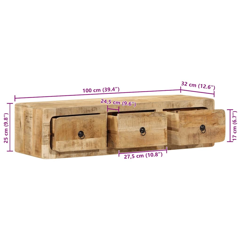 Mobile TV a parete 100 x 32 x 25 cm con 3 cassetti salvaspazio design contemporaneo in legno massello di mango grezzo 02_0058068