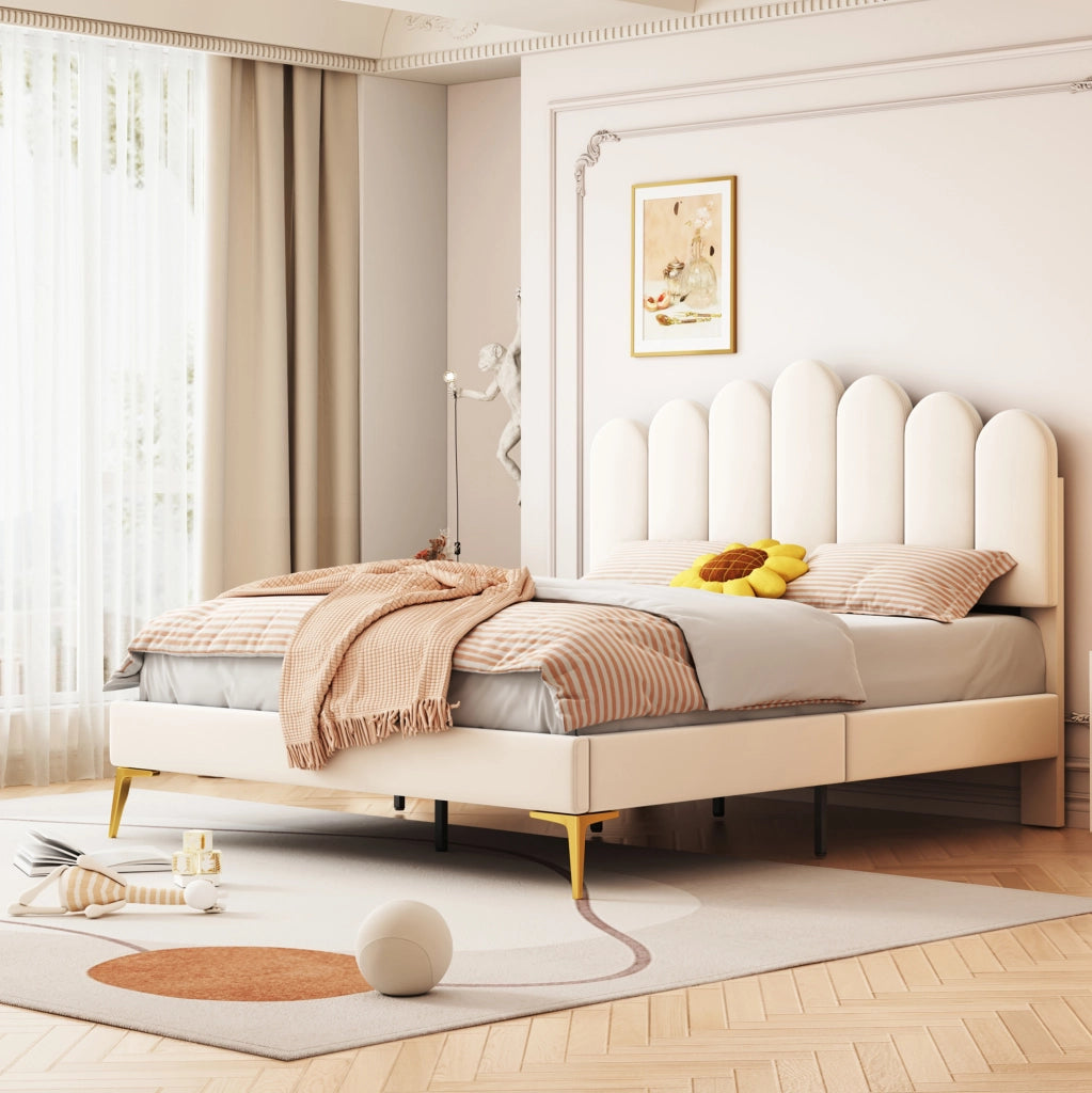 Letto imbottito 140 x 200 cm in velluto beige con testiera regolabile