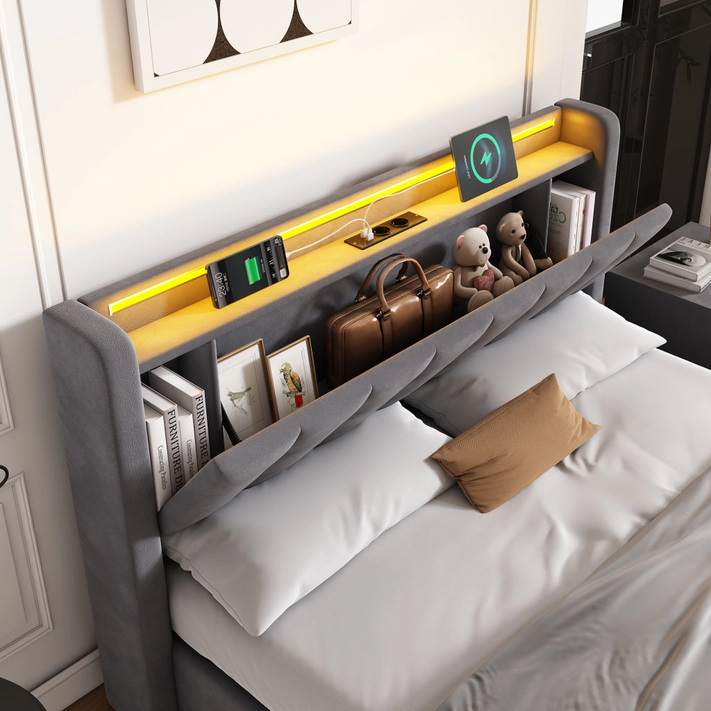 LETTO Imbottito 140 x 200 cm in Velluto con LED, USB e 2 Cassetti