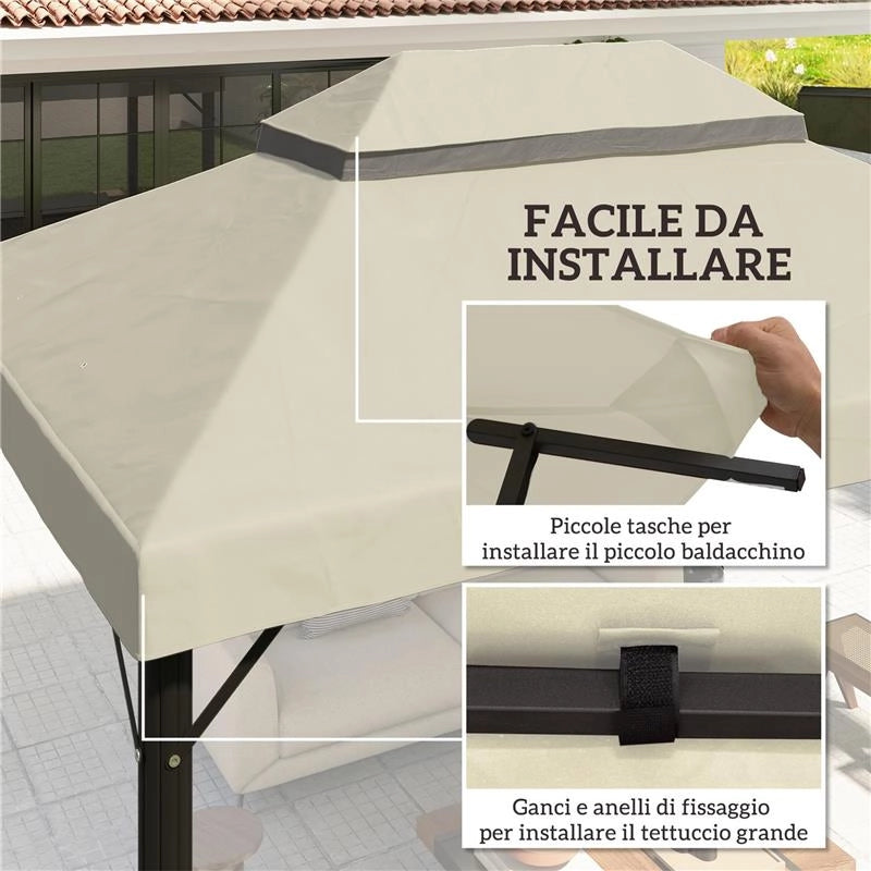 COPERTURA PER GAZEBO DA GIARDINO 3X4 M A 2 LIVELLI IN TESSUTO OXFORD 600D CON FORI DI DRENAGGIO BIANCO CREMA