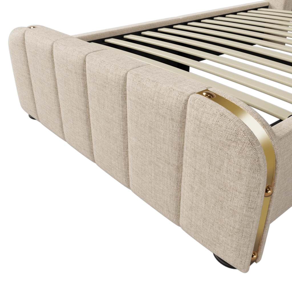 Letto singolo imbottito 90x200 cm in lino beige con testiera USB Type-C, contenitore idraulico e materasso incluso