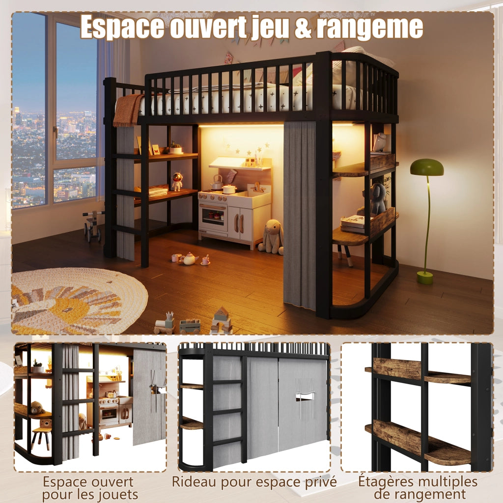 Letto a soppalco per bambini 90x200 cm con tende oscuranti; spazio inferiore modulabile; mensole e LED; metallo nero