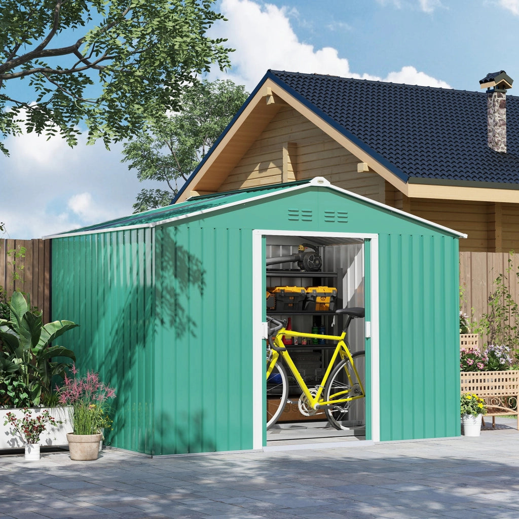 Casetta Box da Giardino Porta Attrezzi 277x195x192 cm con 2 Porte Scorrevoli Verde Scuro