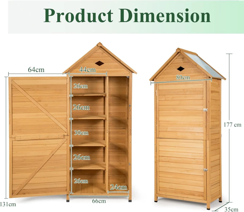 Casetta da Giardino in Legno, Capanno Attrezzi per Esterno, Resistente alle Intemperie con Ante Bloccabili e Tetto Galvanizzato Impermeabile, Capanno da Prato, Patio, Cortile, 80x35x176,5cm