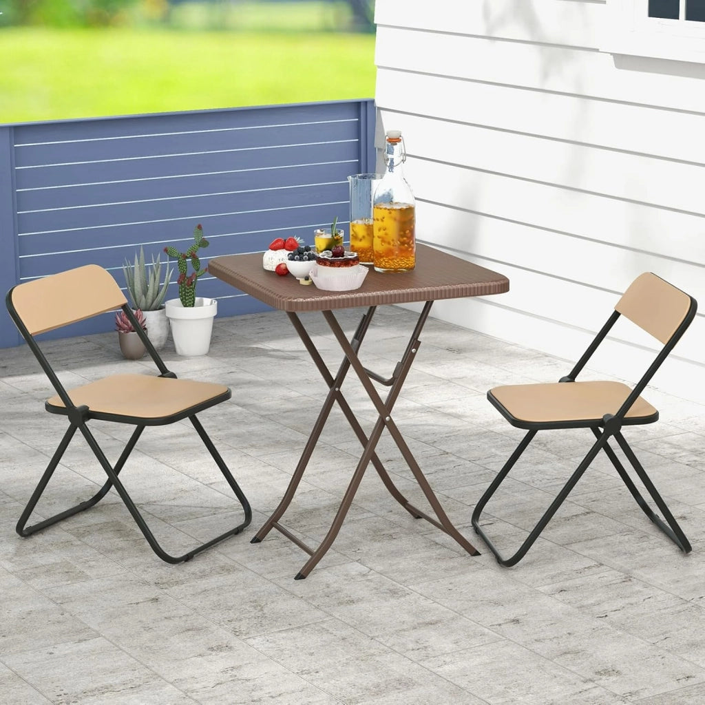 Tavolo da picnic pieghevole per 2 persone con piano in HDPE, tavolo da patio quadrato con texture in rattan con telaio in metallo, senza assemblaggio, per interni ed esterni