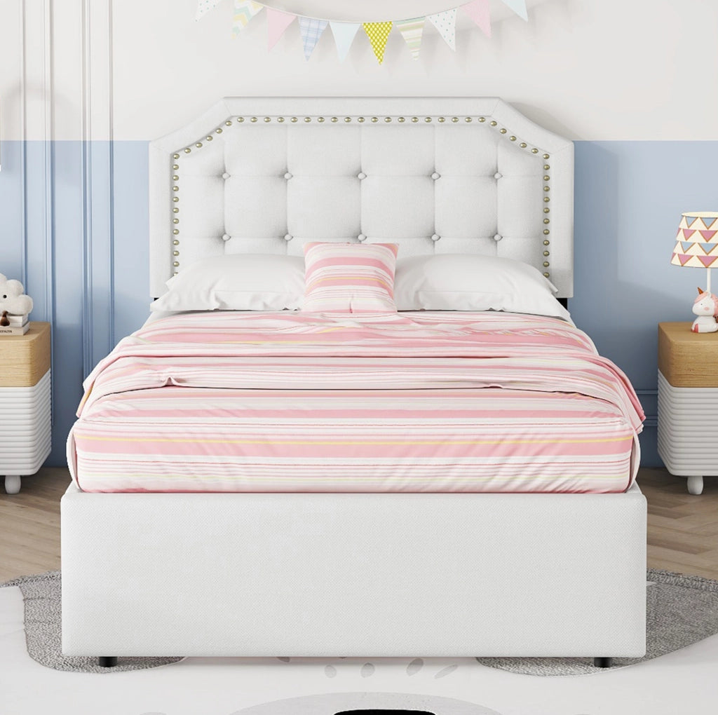 Letto imbottito 90x200 cm con 2 cassetti; testiera regolabile; in MDF e lino; beige chiaro
