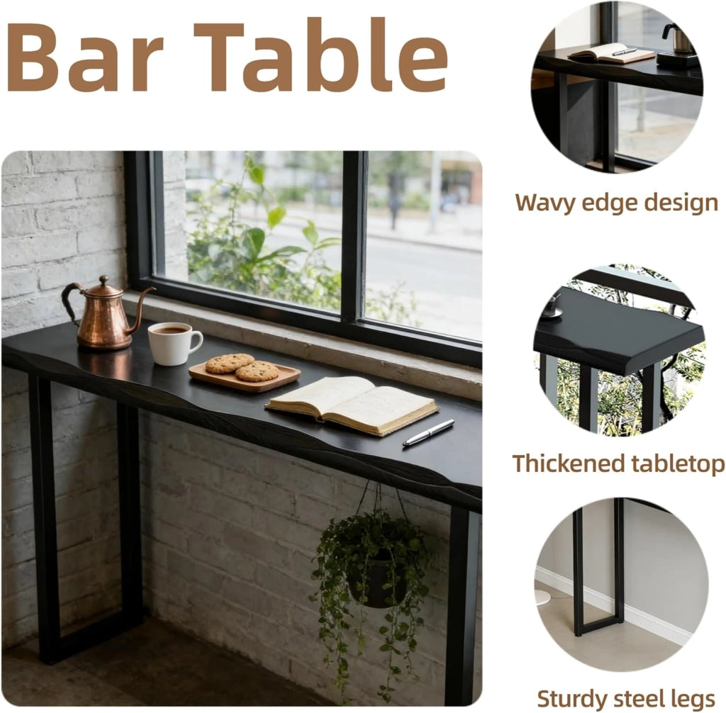 Tavolo Alto Bancone Bar Nero Tavolo Cucina Tavolino Alto e Stretto da Balcone Salvaspazio con Telaio in Metallo per Soggiorno Sala da Pranzo Ristorante(120x40x105cm)
