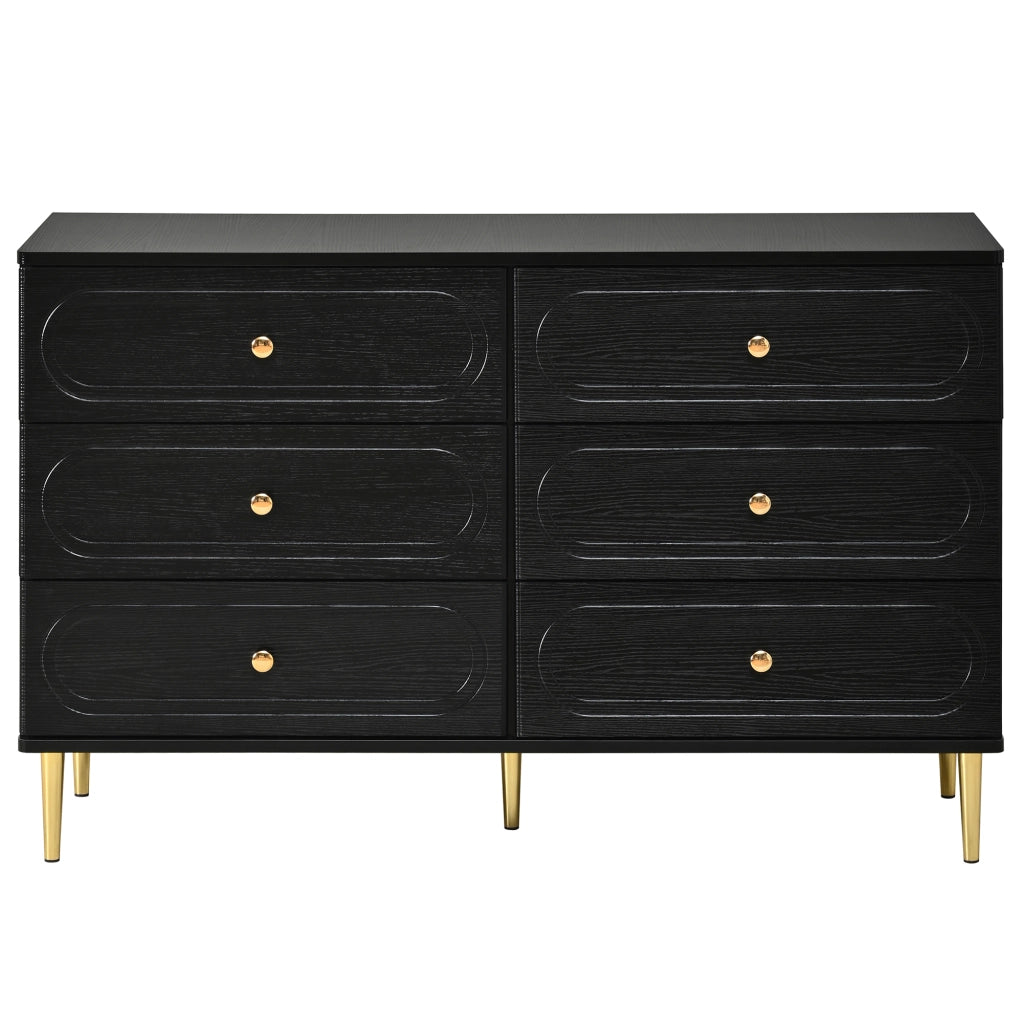 Credenza con 6 cassetti e piedi in metallo per soggiorno e ingresso, design con incisioni ovali, nero, 120 × 40 × 75 cm
