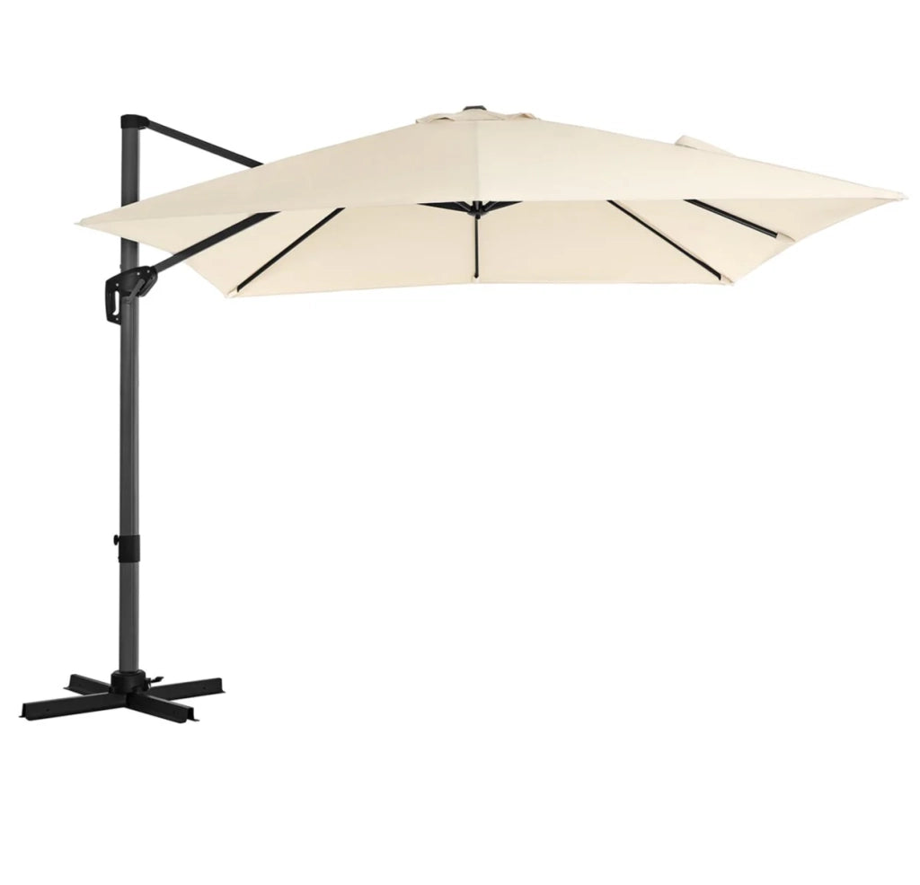 Ombrellone da giardino decentrato 3 x 3 mt ombrellone da terrazzo quadrato protezione solare in tela upf 50+ girevole 360° inclinazione regolabile con manovella e base beige 12_0001786