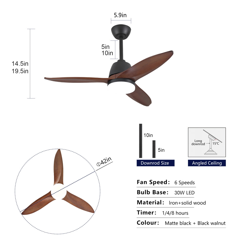 Ventilatore da soffitto nero moderno 42 pollici, dimmerabile 3 tonalit¨¤, pale legno massello, manopola, motore DC reversibile