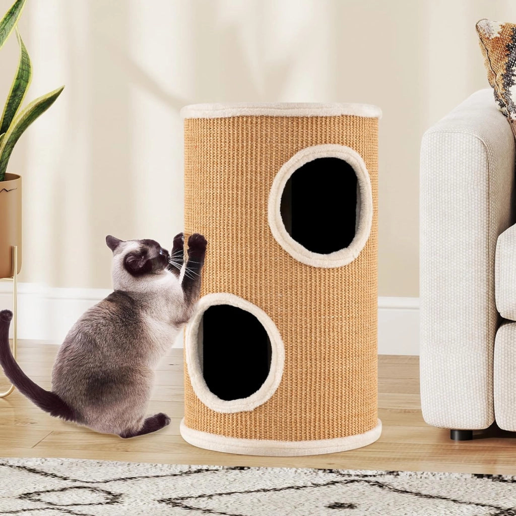 Cuccia per Gatti a 3 Piani, Cassetta Multilivello con Tappetino per Graffi in Sisal e Letto Morbido per Pisolini, Torre a Forma di Barile per Gattini, 36 x 36 x 60 cm