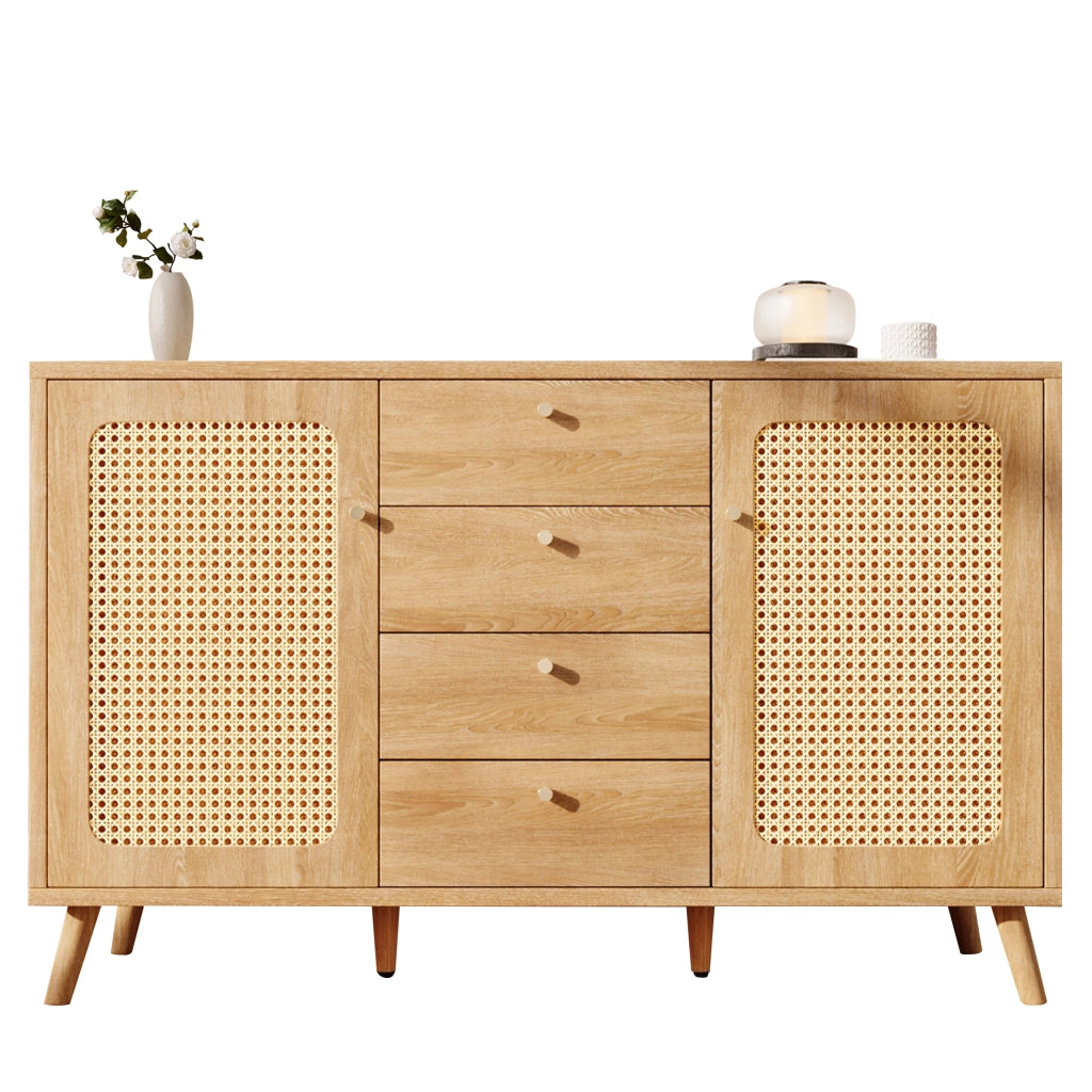 OKWISH Credenza con 2 Ante e 4 Cassetti, Ripiani Regolabili, per Soggiorno Sala da Pranzo Ingresso, 140 x 40 x 86 cm